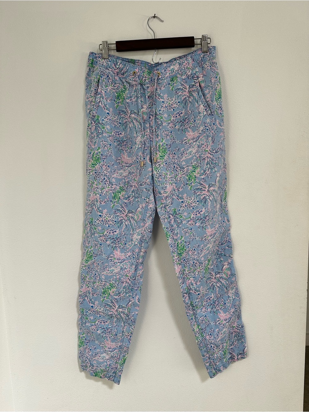 Lilly Pulitzer Taron Pants Women’s Large 100% Linen Blue Tropical Beach Print